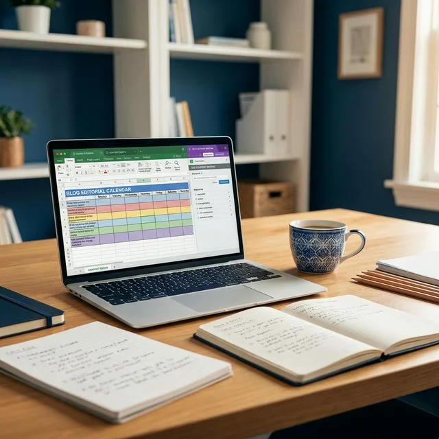 Content marketing strategy session with laptop showing editorial calendar and content briefs