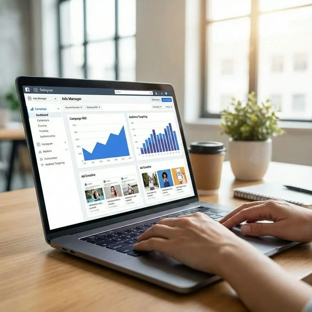 Facebook and Instagram ad campaign management showing audience targeting and campaign ROI metrics