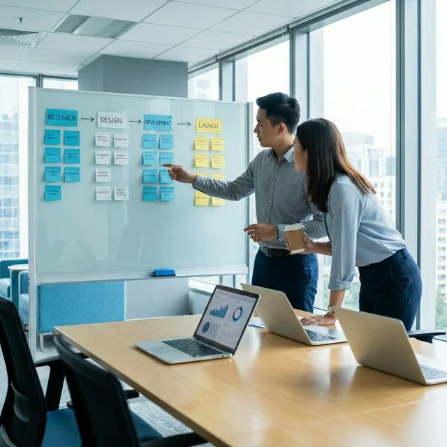 Team collaboration workflow showing project management pipeline and strategy discussion