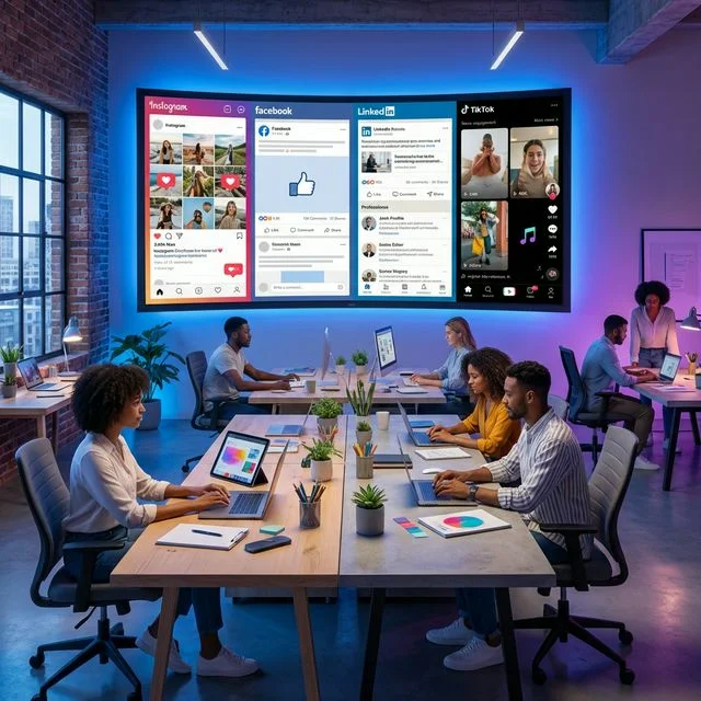 Social media management workspace showing multiple platform feeds with engagement metrics